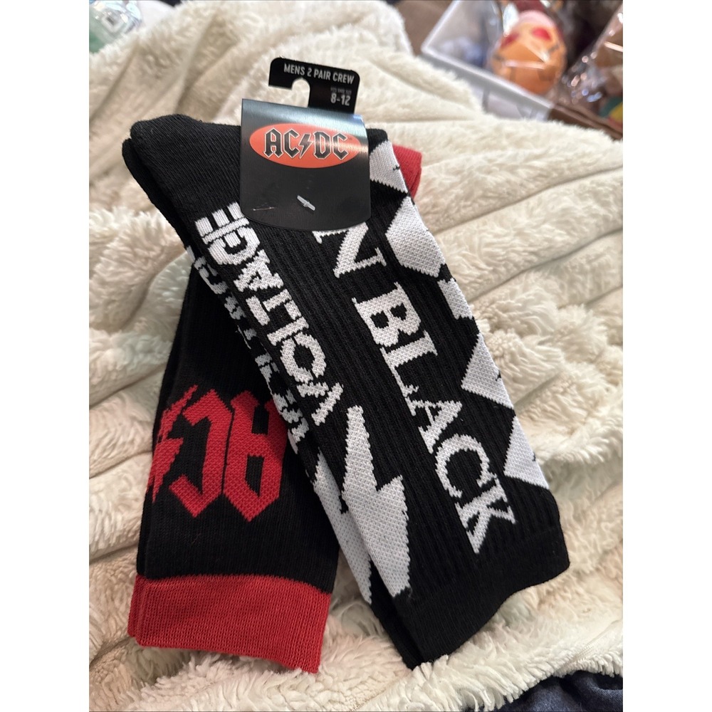 AC/DC Back In Black Crew Socks‎ Soft Thick Comfortable 2 Pair Size M: 8-12 B9